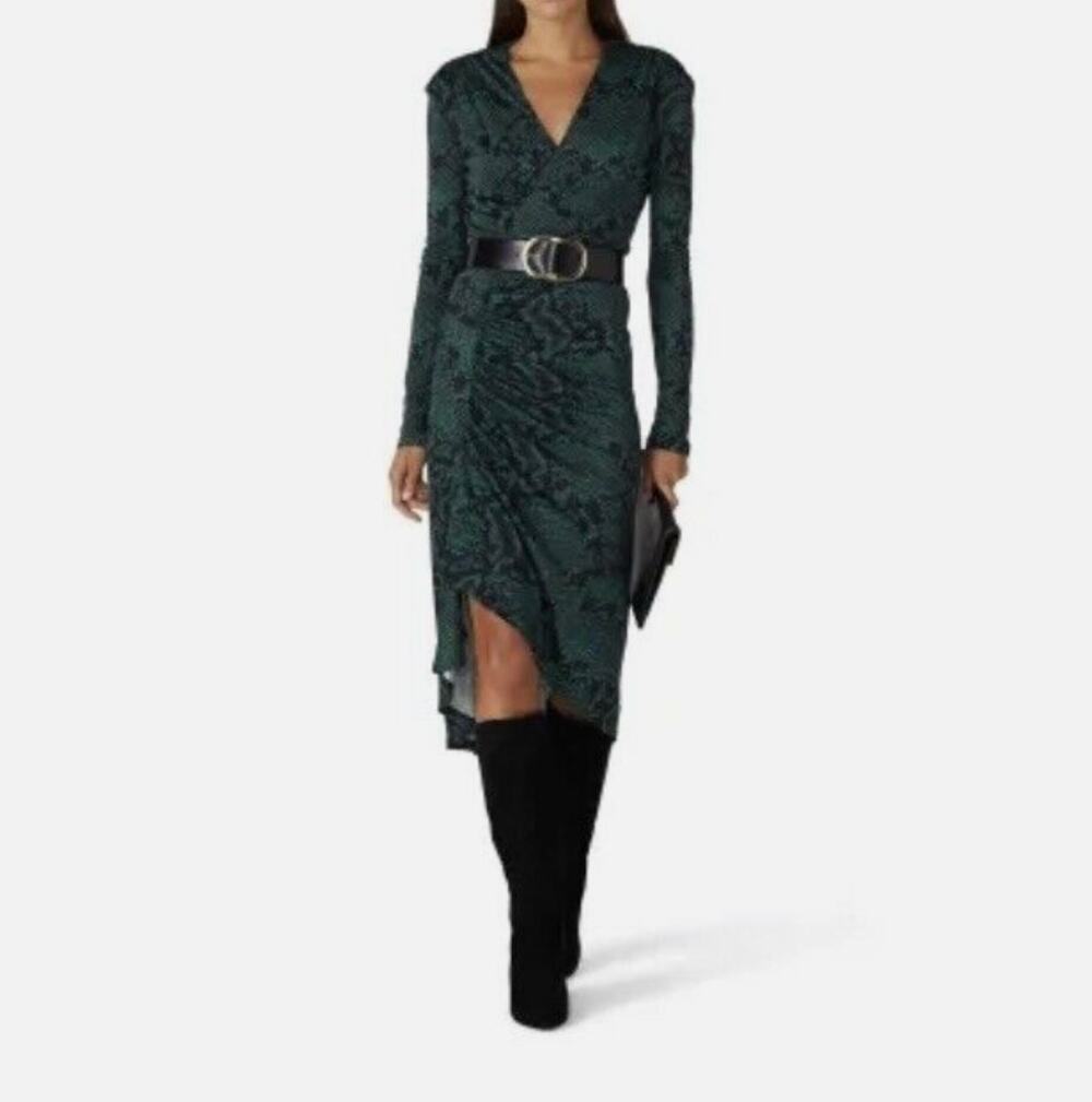 ATLEIN Green Snake Print Ruched Stretch Faux Wrap EU 42 or L Dress MSRP $875